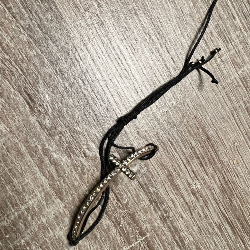 Gold Cross on Leather Adjustable with clear stones